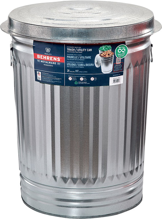 Behrens Galvanized Steel Utility Can W/Infinity Lid, Galvanized Steel, 31 gal - Trash Cans
