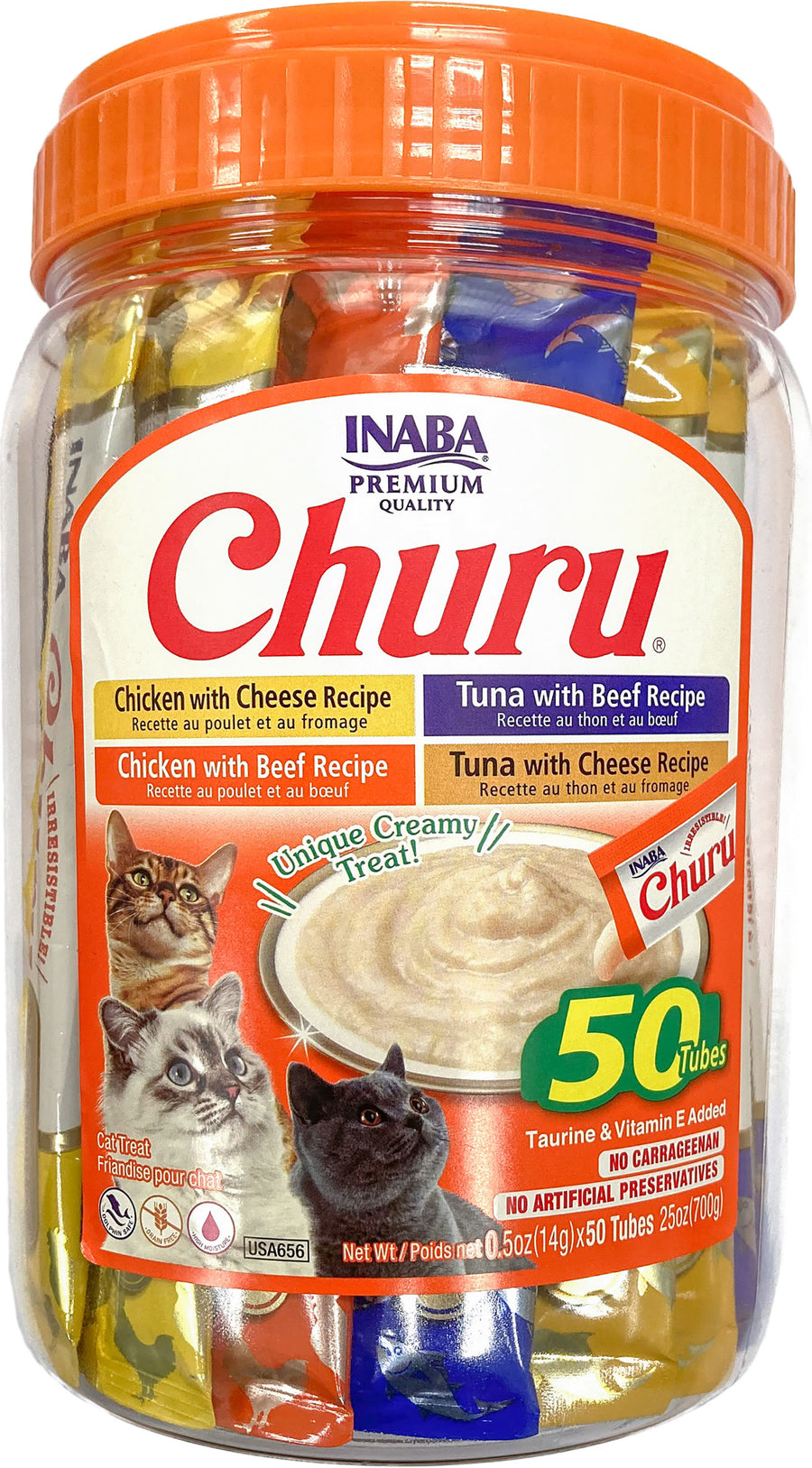 Inaba Churu Puree Cat Treats Variety Pack, Beef/Cheese, .5 oz-50 pk - Edibles