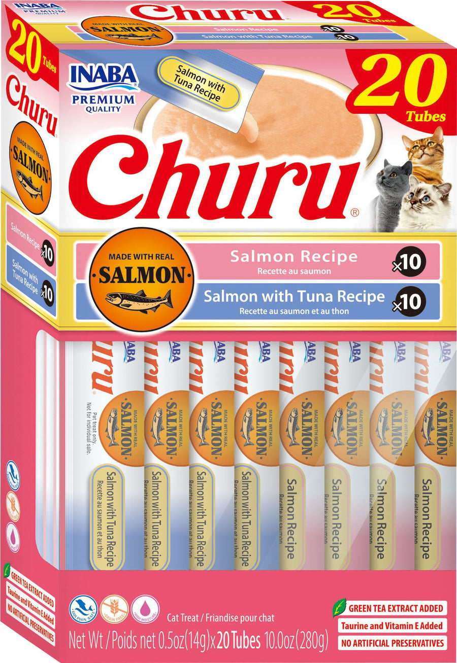 Inaba Churu Puree Cat Treats Variety Box, Salmon/Tuna, .5 oz-20 pk - Edibles