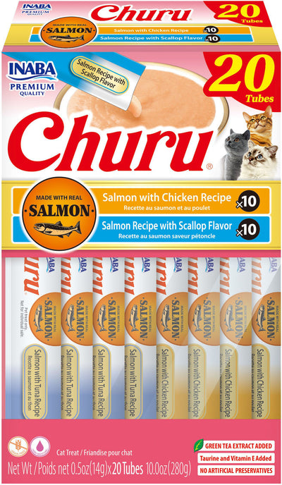 Inaba Churu Puree Cat Treats Variety Box, Salmon/Ckn/Sclp, .5 oz-20 pk - Edibles