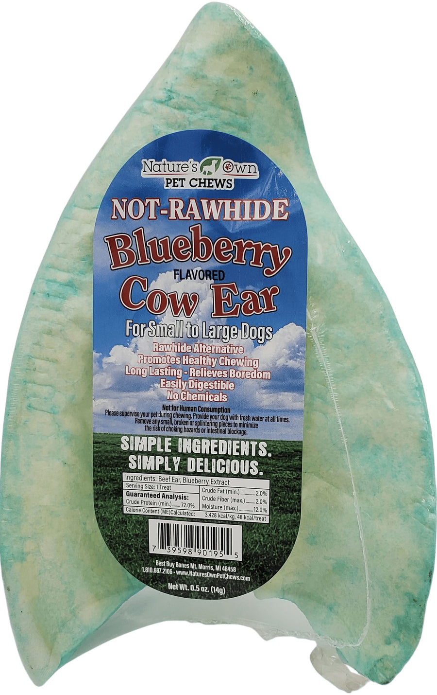 Nature's Own USA Cow Ears Shrink Wrapped, Blueberry - Rawhide/ Body Parts