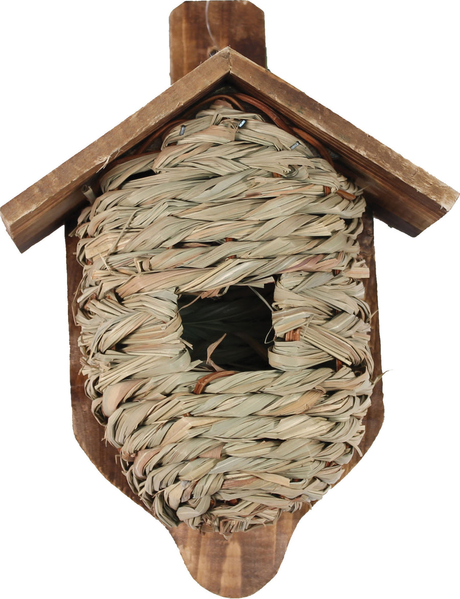 Songbird Essentials Post Mounted Grass Roosting Pocket W/Roof, 10.4 in - Houses-Bird
