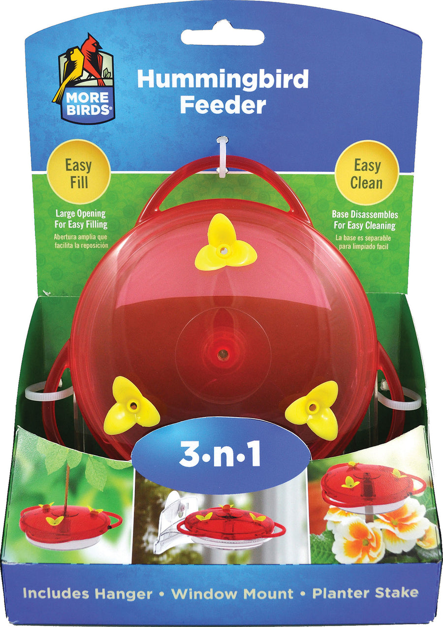 More Birds 3-in-1 Plastic Hummingbird Feeder, Red, 6 oz Cap - Hummingbird Feeders-Plastic