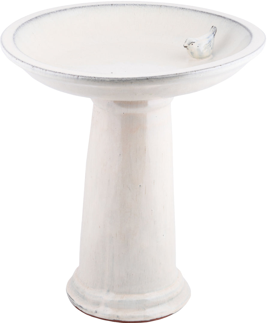 Esschert Design Cermic Birdbath on Pedestal W/Bird, White - Baths-Pedestal
