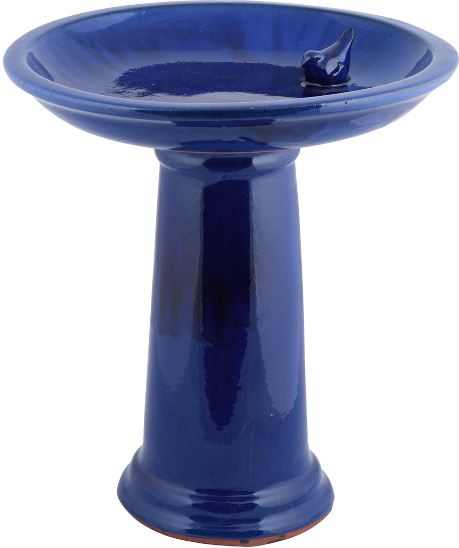 Esschert Design Cermic Birdbath on Pedestal W/Bird, Blue - Baths-Pedestal