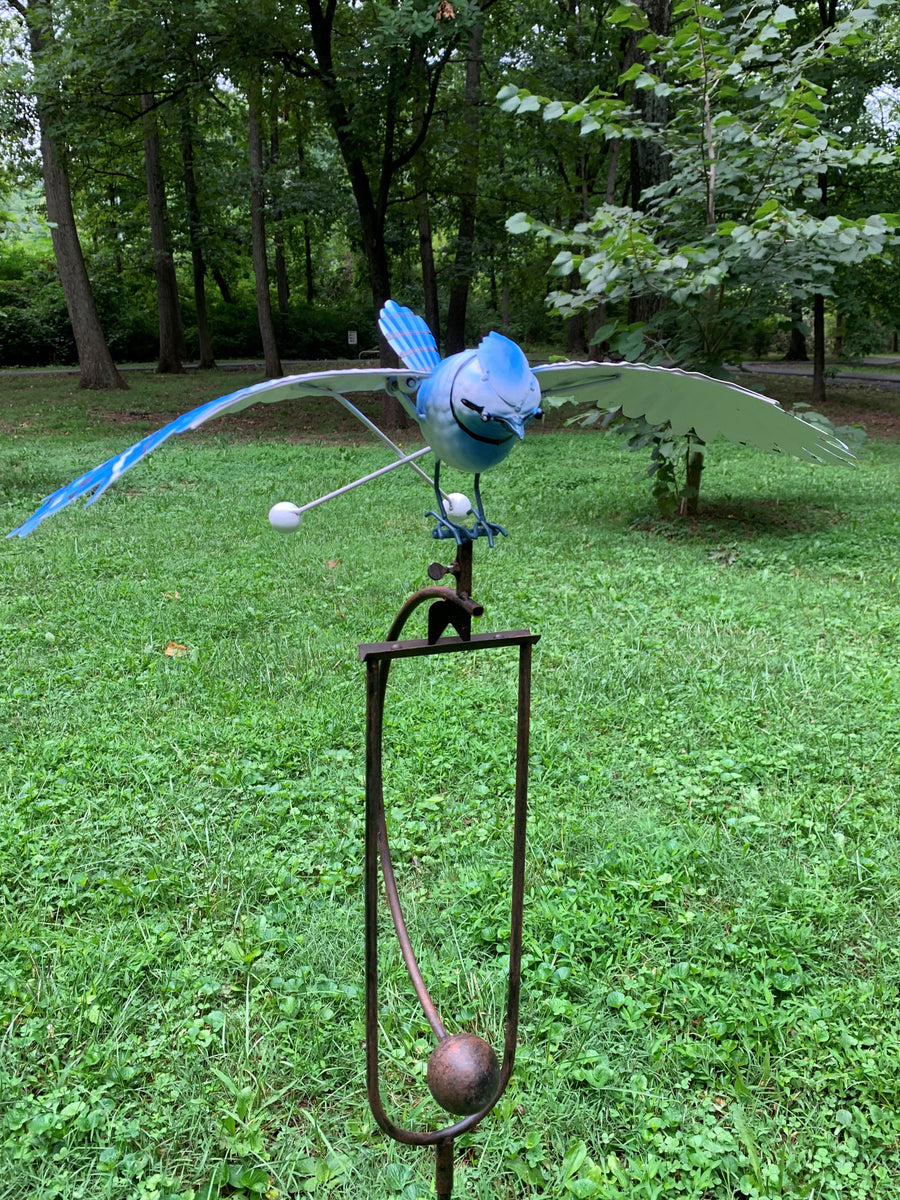 Esschert Design Metal Blue Jay Rocker Stake, Blue, 52 in - Statuary, Wind Spinners/Chimes