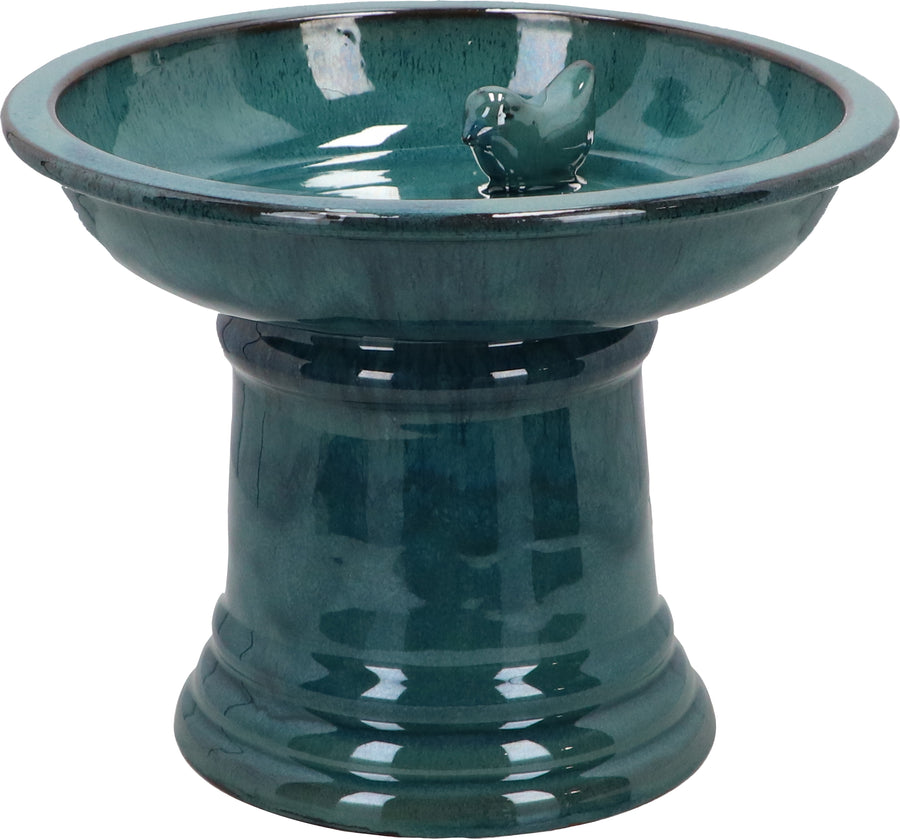 Esschert Design Ceramic Round Birdbath on Foot, Petrol - Baths-Pedestal