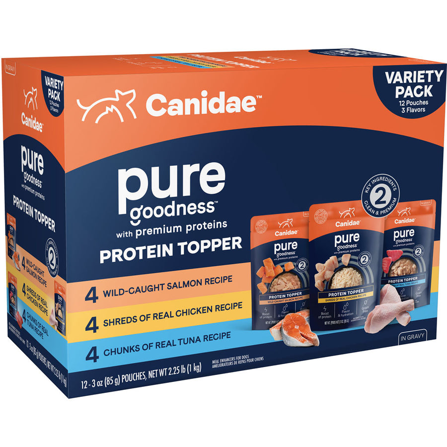 Canidae Pure Goodness Protein Topper Variety Pack, Salmon/Chicken/Tuna, 3 oz-12 pk - Canned