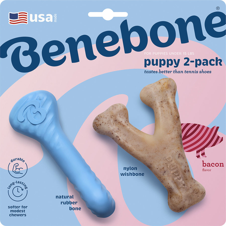 Benebone Puppy Wishbone & Rubber Bone, Bacon, Tiny