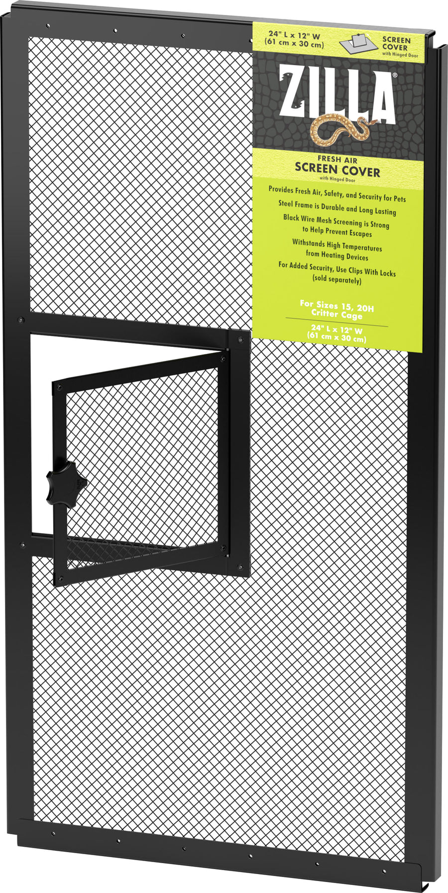 Zilla Fresh Air Screen Cover W/Hinged Door, Black, 24x12 in - Metal