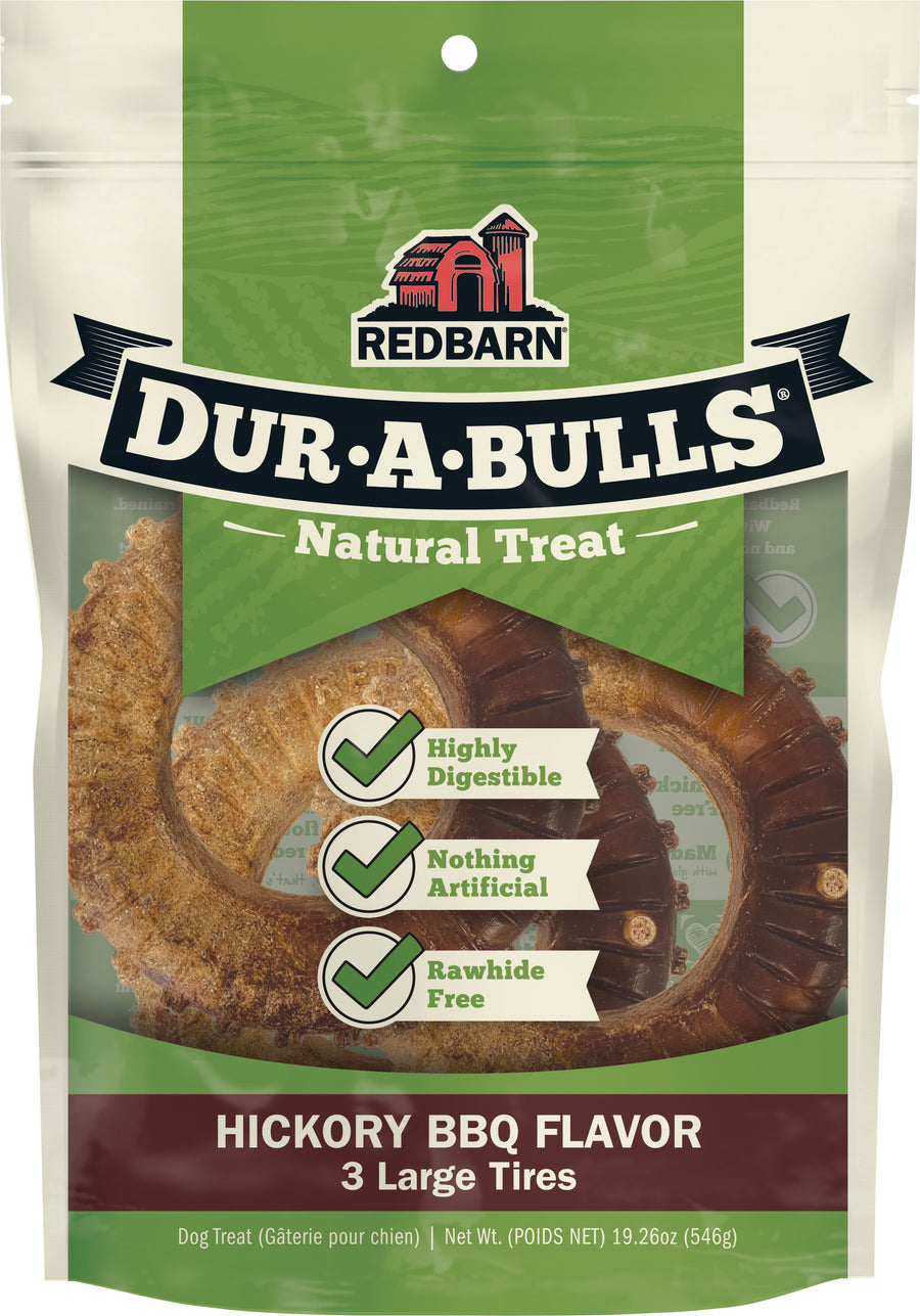 Redbarn Dur-A-Bulls Tire, Hickory BBQ, lg-3 pk - Long Lasting Chews