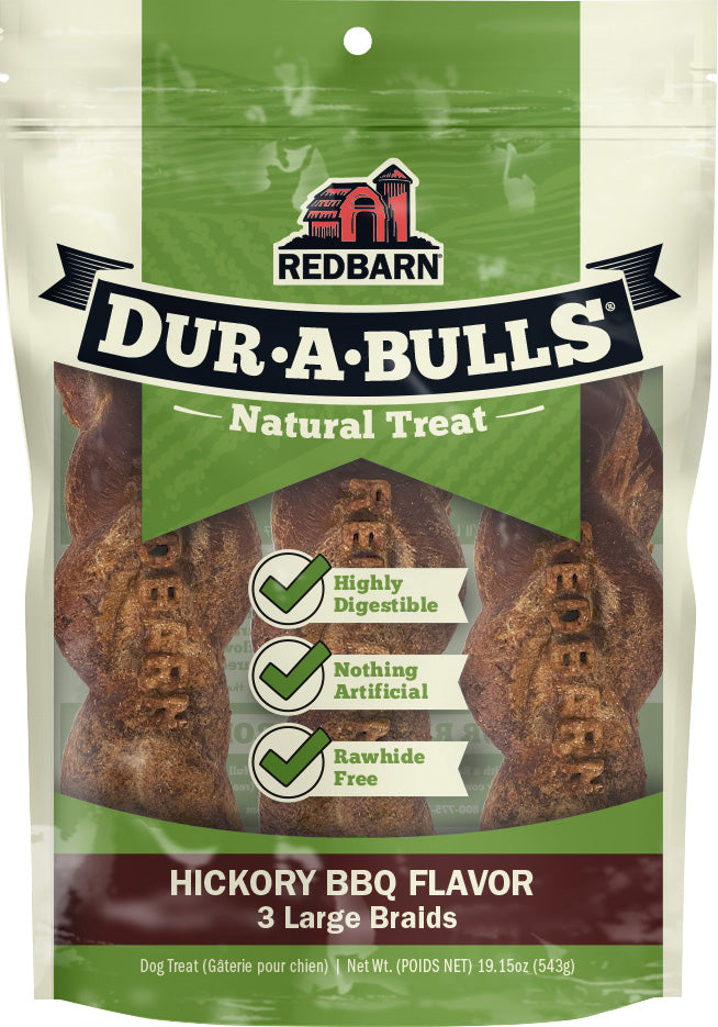 Redbarn Dur-A-Bulls Braid, Hickory BBQ, lg-3 pk - Long Lasting Chews