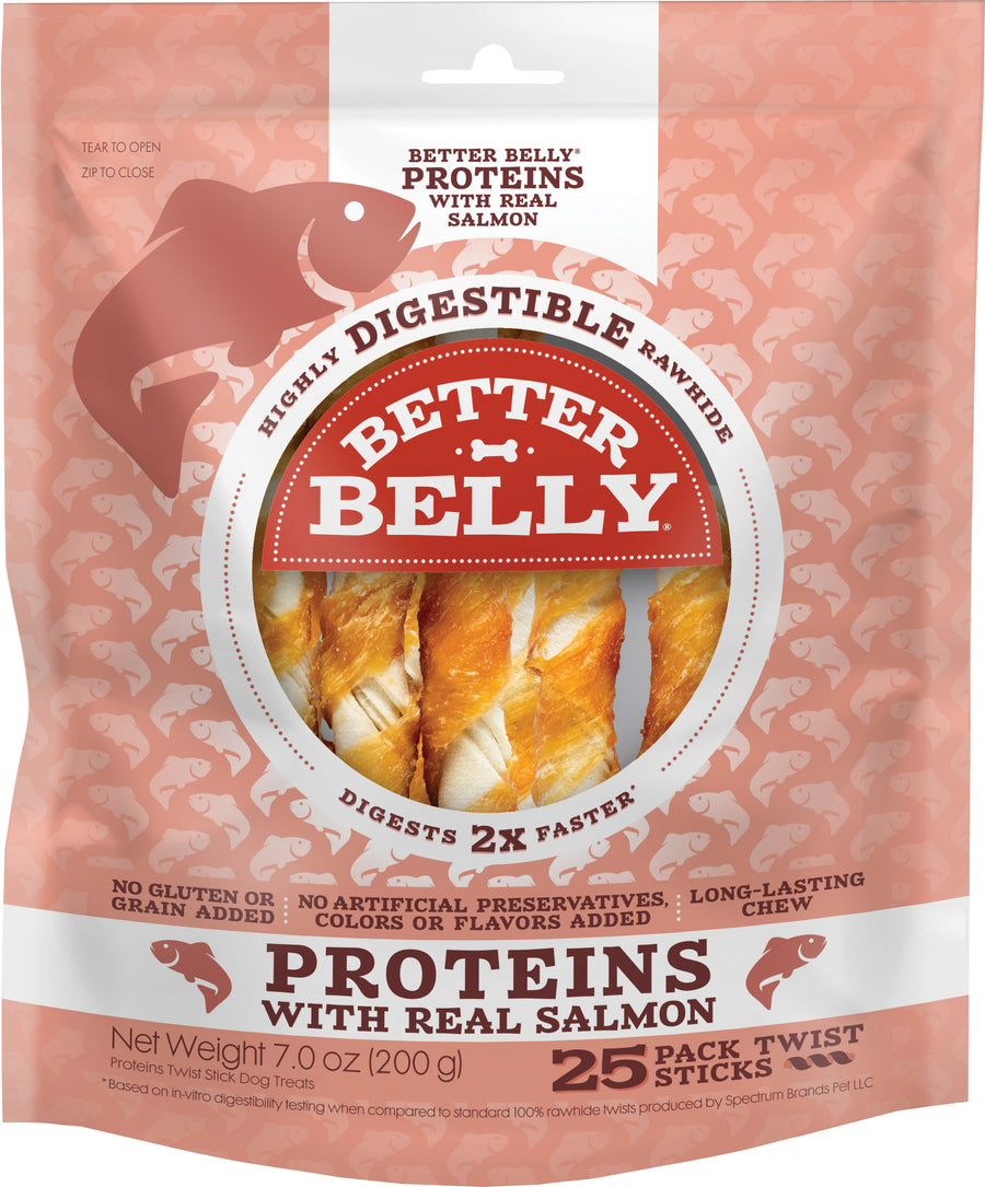 Better Belly Twist Sticks, Salmon, 25 ct - Rawhide/ Body Parts
