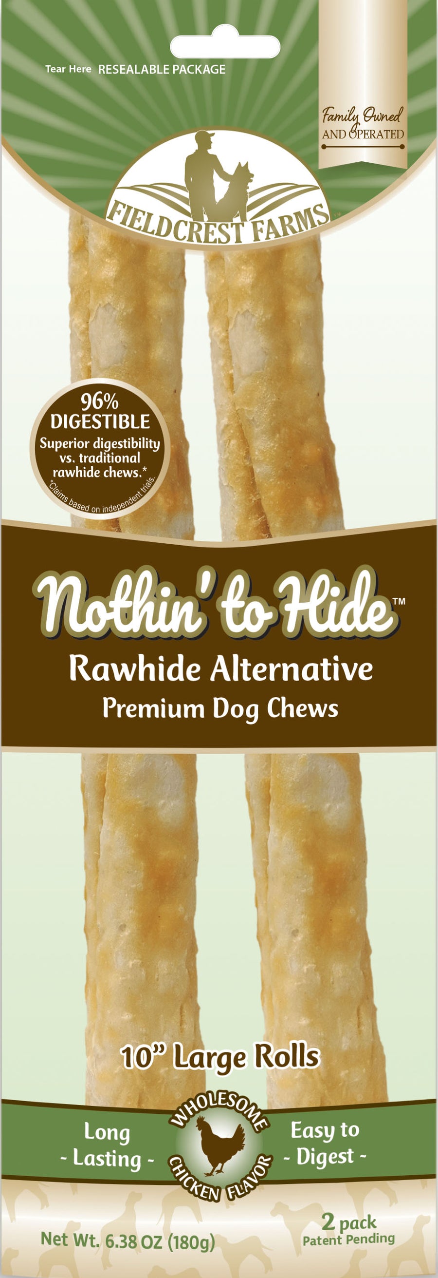 Fieldcrest Farms Nothin' to Hide Rawhide Alternative Rolls, Chicken, 10 in-2 pk - Long Lasting Chews