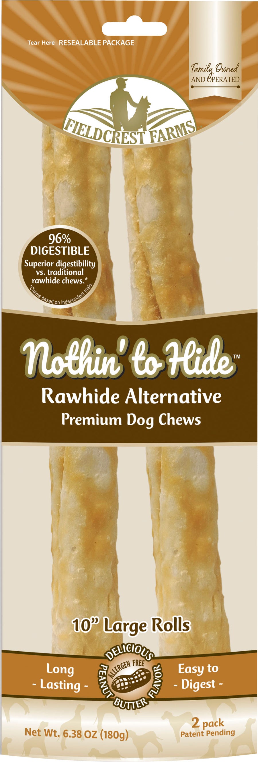 Fieldcrest Farms Nothin' to Hide Rawhide Alternative Rolls, Peanut Butter, 10 in-2 pk - Long Lasting Chews