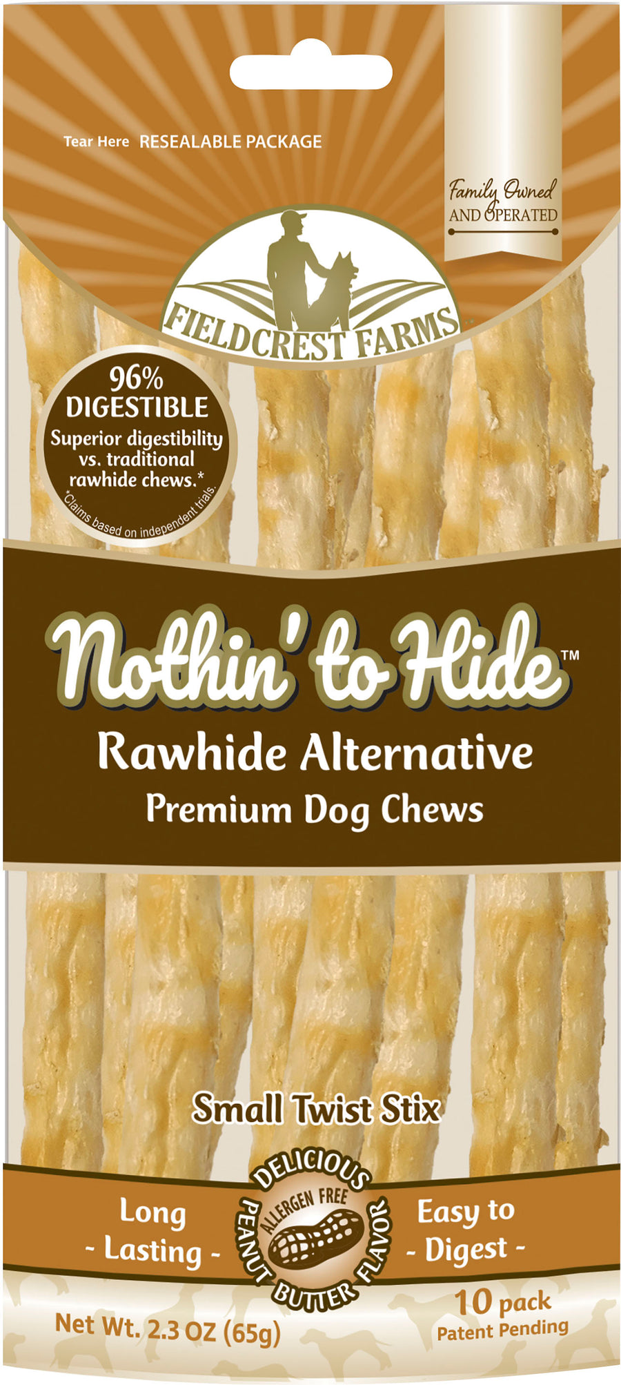 Fieldcrest Farms Nothin' to Hide Rawhide Alternative Twist Stix, Peanut Butter, sm-10 pk - Long Lasting Chews