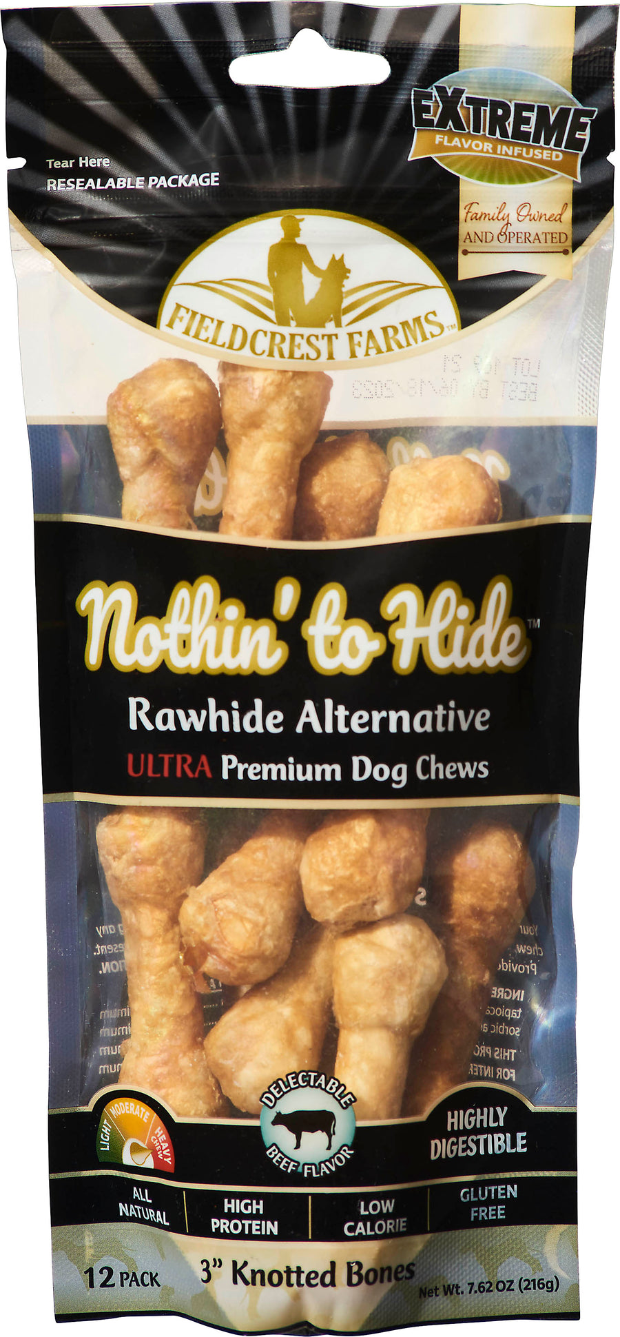 Fieldcrest Farms Nothin' to Hide Ultra Knotted Bone, Beef, 3 in-12 pk - Long Lasting Chews