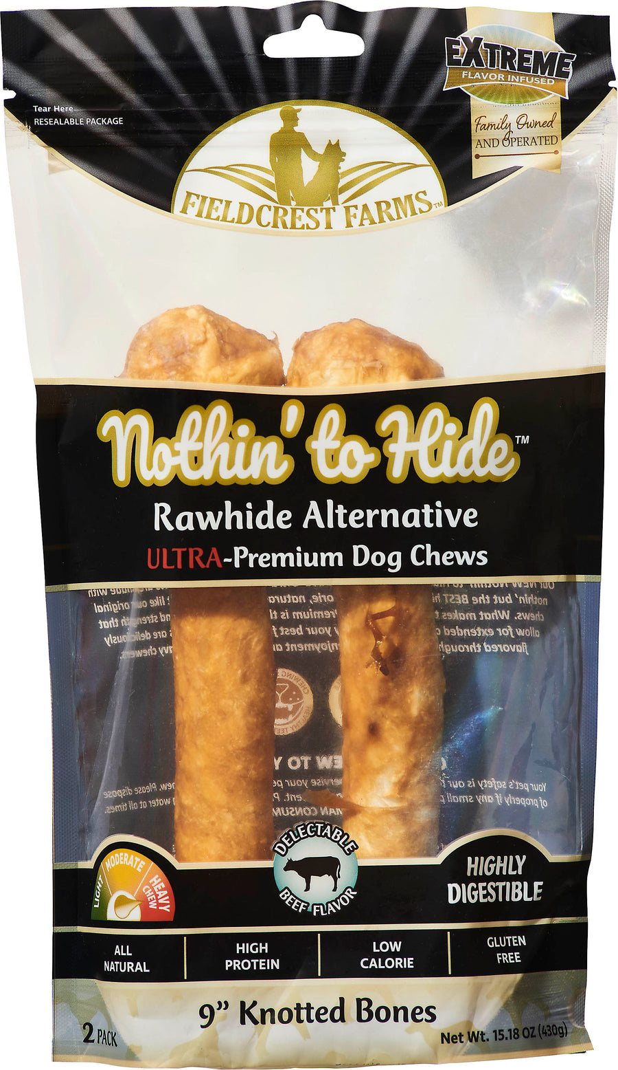 Fieldcrest Farms Nothin' to Hide Ultra Knotted Bone, Beef, 9 in-2 pk - Long Lasting Chews