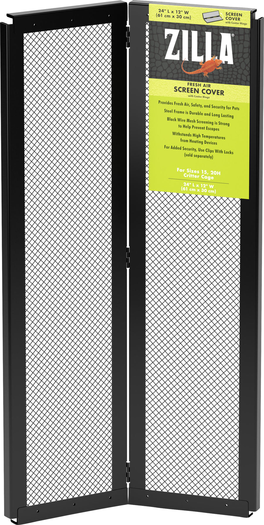 Zilla Fresh Air Screen Cover W/Center Hinge, Black, 24x12 in - Metal