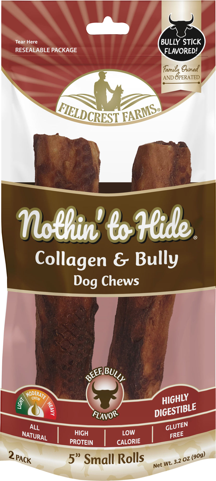 Fieldcrest Farms Nothin' to Hide Small Roll, Bully, 5 in-2 pk - Long Lasting Chews
