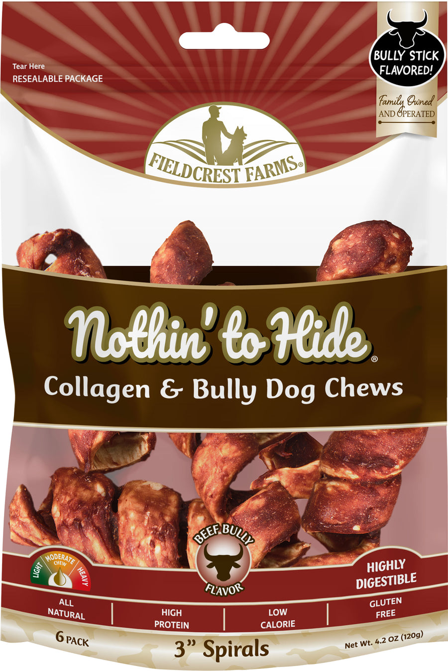 Fieldcrest Farms Nothin' to Hide Spirals, Bully, 3 in-6 pk - Long Lasting Chews