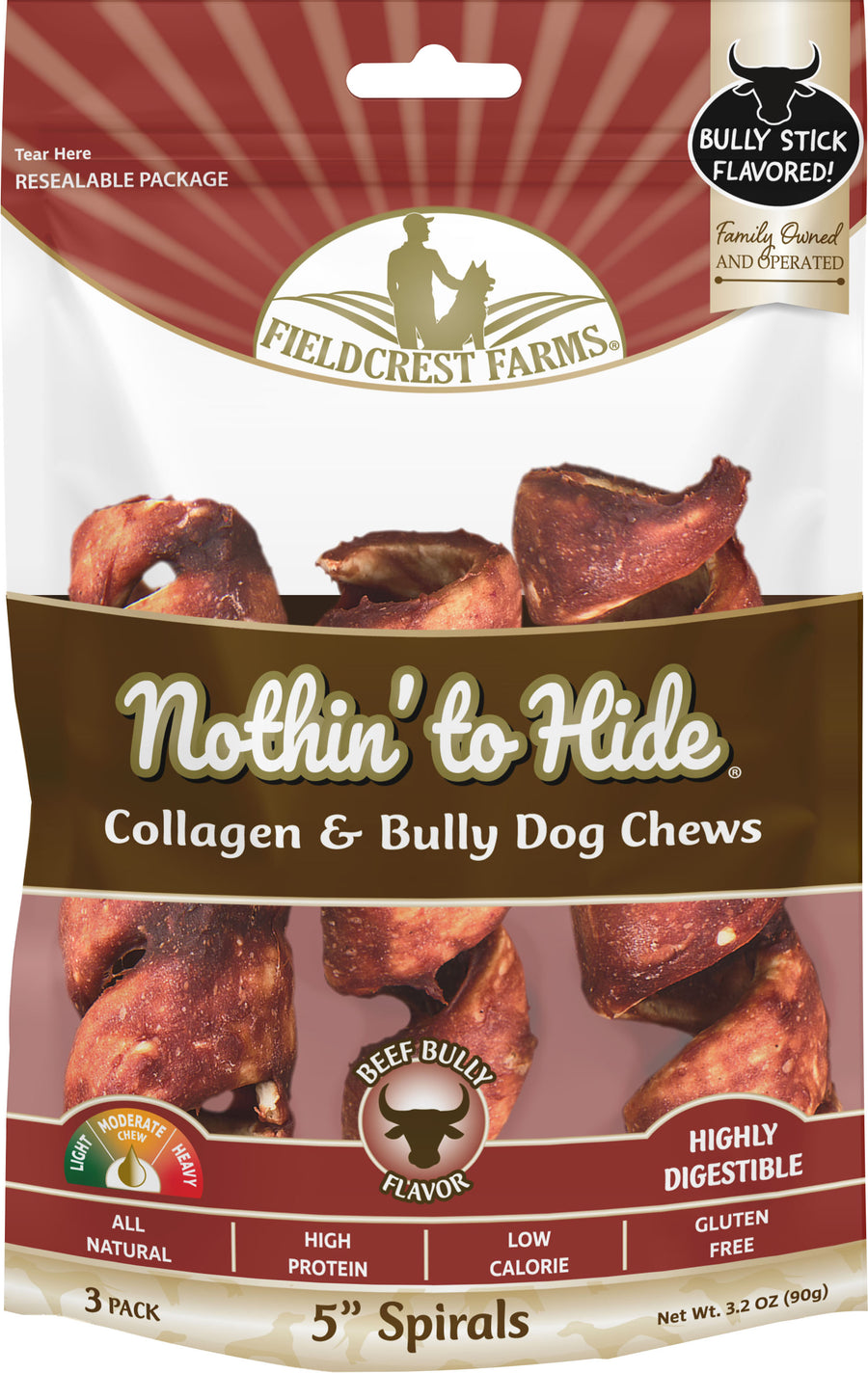 Fieldcrest Farms Nothin' to Hide Spirals, Bully, 5 in-3 pk - Long Lasting Chews
