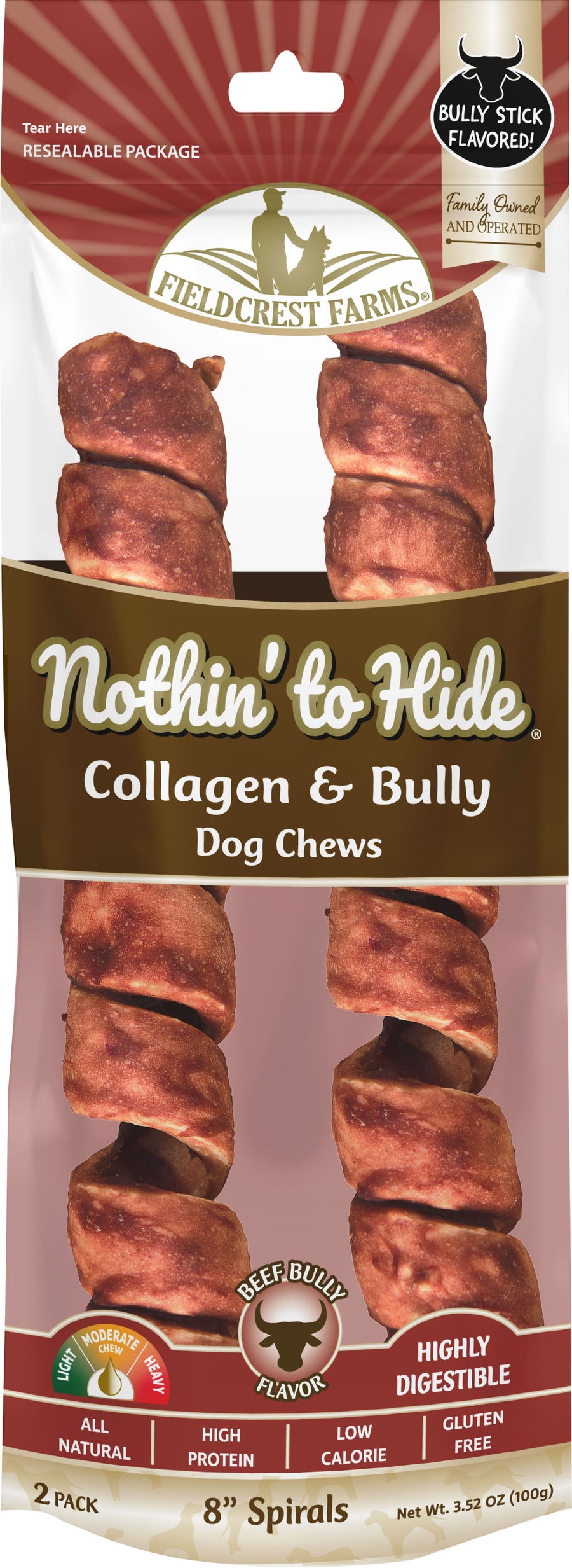 Fieldcrest Farms Nothin' to Hide Spirals, Bully, 8 in-2 pk - Long Lasting Chews