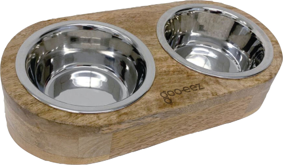 Goo-Eez Inclined Mango Wood Double Feeder, Stainless - Stainless Steel