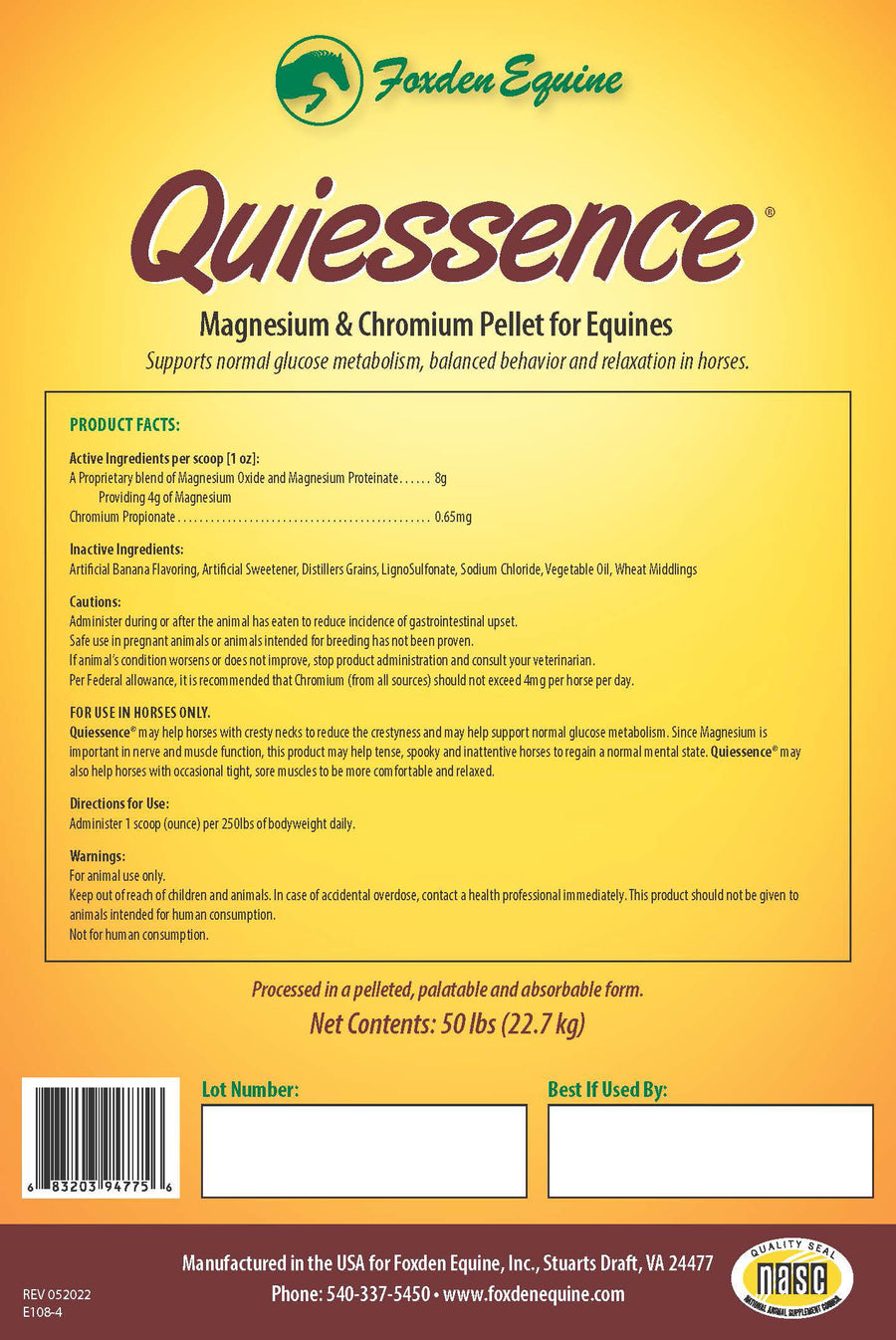 Foxden Equine Quiessence Magnesium & Chromium Pellets, 50 lb - Calming