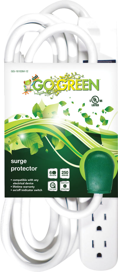 Gogreen Surge Protector 6 Outlet w/12 ft Cord, White - Extension Cords & Power Strips
