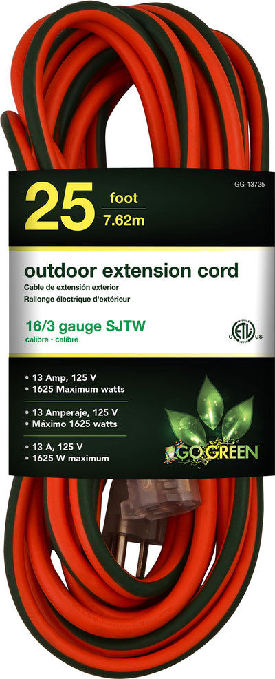 Gogreen Outdoor Extension Cord, Orange, 25 ft-16/3 Ga - Extension Cords & Power Strips