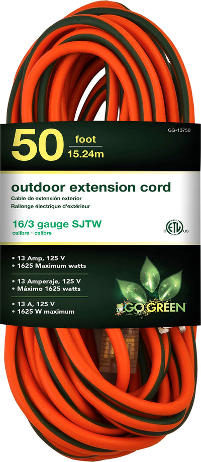 Gogreen Outdoor Extension Cord, Orange, 50 ft-16/3 Ga - Extension Cords & Power Strips