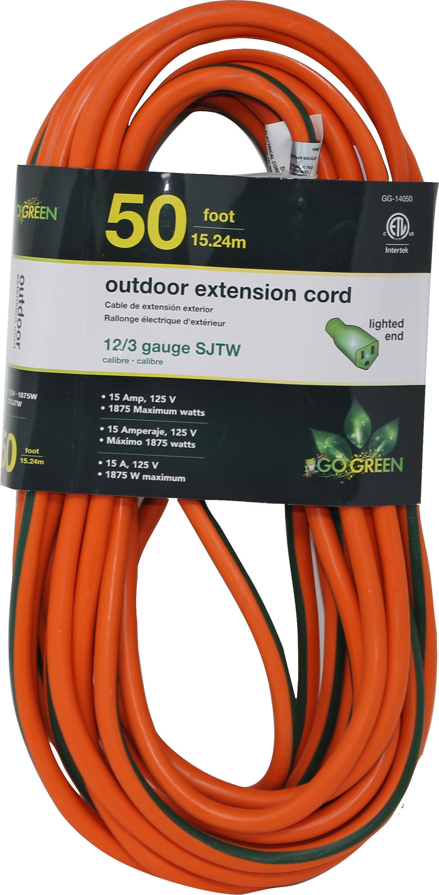 Gogreen Outdoor Extension Cord, Orange, 50 ft-12/3 Ga - Extension Cords & Power Strips