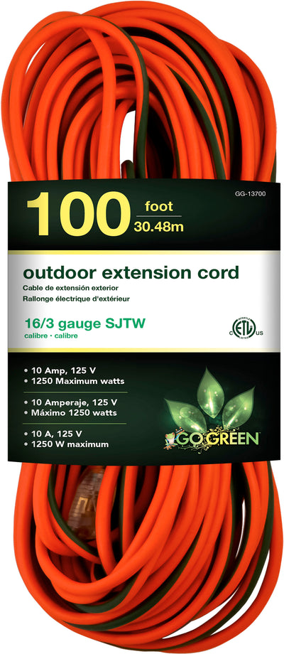 Gogreen Outdoor Extension Cord, Orange, 100 ft-16/3 Ga - Extension Cords & Power Strips