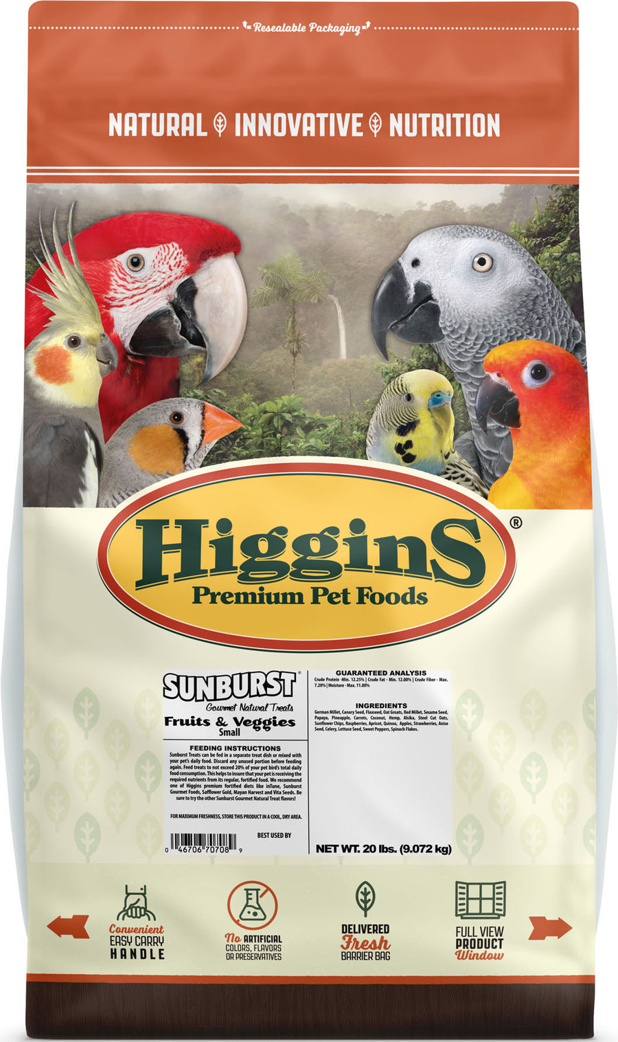 Higgins Sunburst Gourmet Natural SM Avian Treat, Fruits/Veggies, 20 lb - Edibles