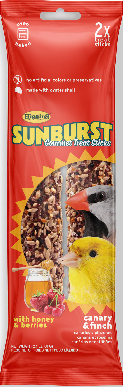 Higgins Sunburst Gourmet Avian Treat Sticks Canary/Finch, Honey/Berries, 2.1 oz