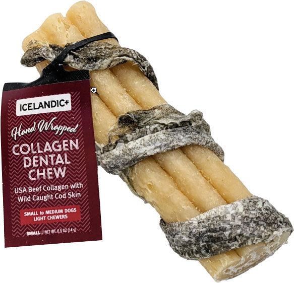 Icelandic+ Beef Collagen Dental Stk W/Fish Wrap Ds, 4in-12 ct - Long Lasting Chews