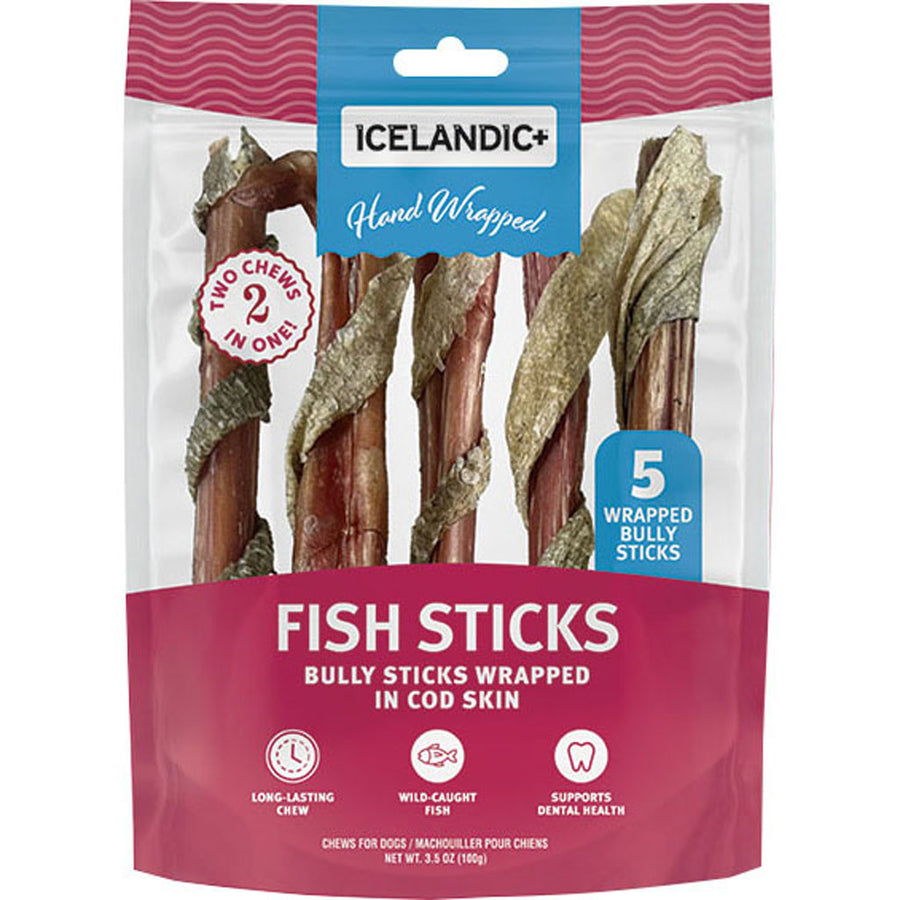 Icelandic+ Bully Stick Wrapped with Fish Skin, Beef, 6in-5 ct - Rawhide/ Body Parts