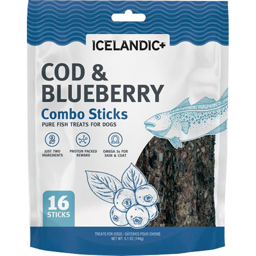 Icelandic+ Combo Sticks Pure Fish Treats for Dogs, Cod/Blueberry, 6 oz-16 ct - Soft Treats