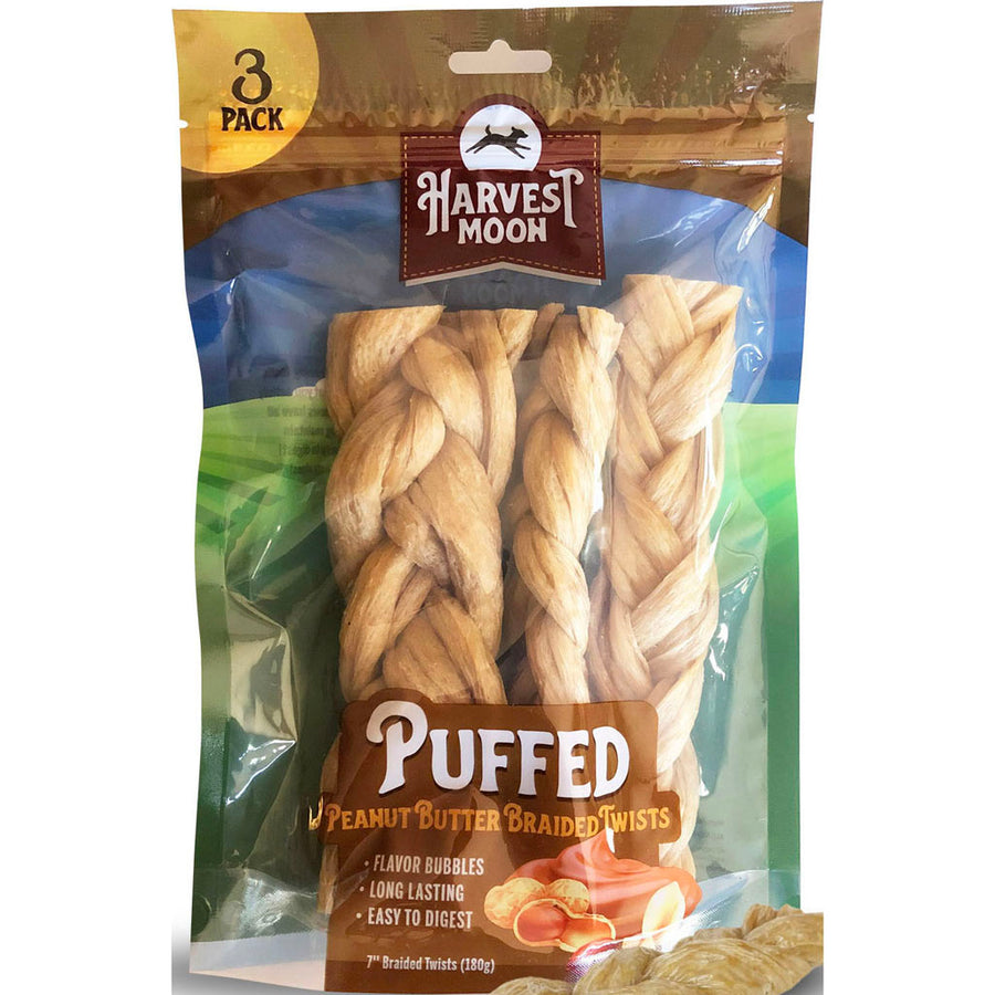 Harvest Moon Puffed Braids Dog Chews, Peanut Butter, 3 ct - Long Lasting Chews