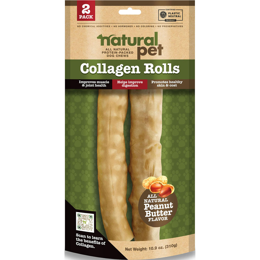 Natural Pet Collagen Rolls Dog Chews, Peanut Butter, 9-10in-2 ct - Long Lasting Chews