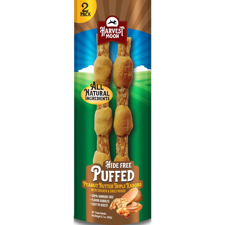 Harvest Moon Puffed Kabobs Dog Chews, Peanut Butter/Chicken/Sweet Potato, Jumbo-2 ct - Long Lasting Chews