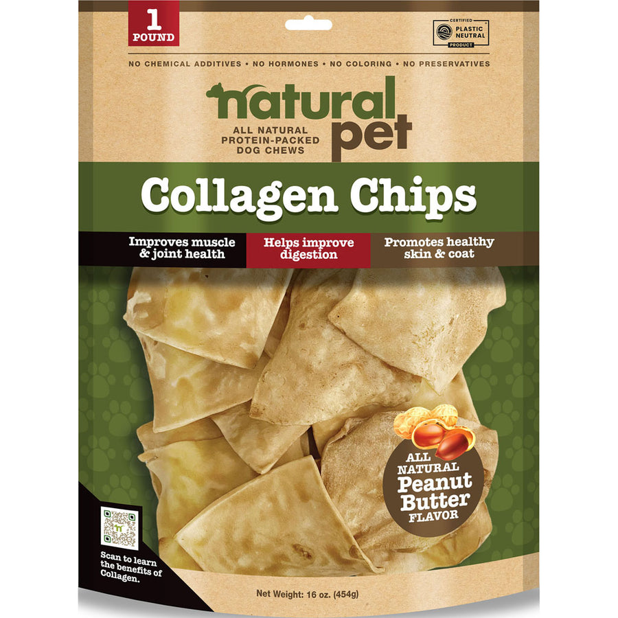 Natural Pet Collagen Chips Dog Chews, Peanut Butter, 1 lb - Long Lasting Chews