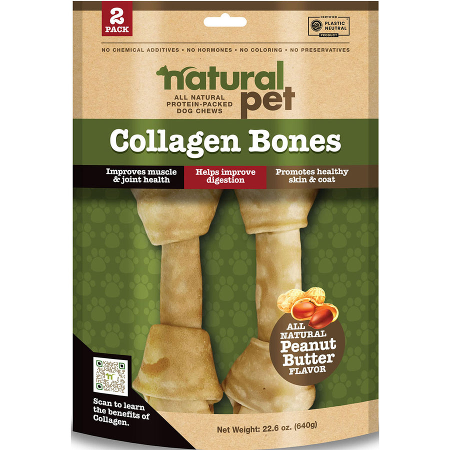 Natural Pet Collagen Bones Dog Chews, Peanut Butter, 6-7in-2 ct - Long Lasting Chews