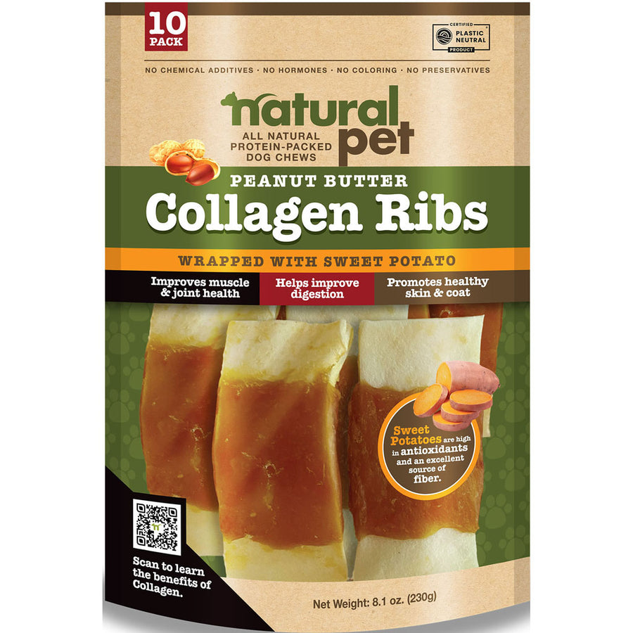 Nautral Pet Collagen Ribs Dog Chews, Peanut Butter/Sweet Potato, 10 ct - Long Lasting Chews