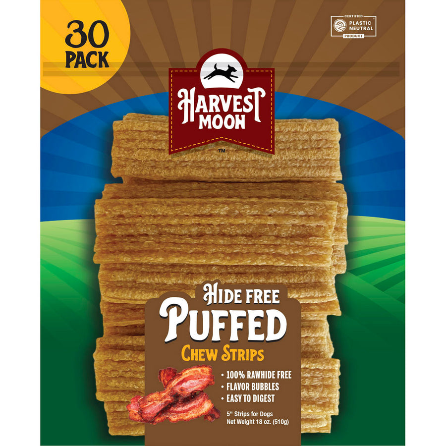 Harvest Moon Puffed Strips Dog Chew Treats, Bacon, 30 ct - Long Lasting Chews