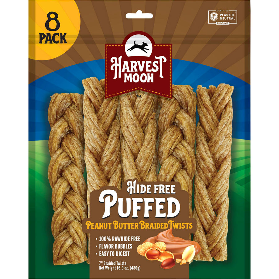 Harvest Moon Puffed Braids Dog Chews, Peanut Butter, 8 ct - Long Lasting Chews