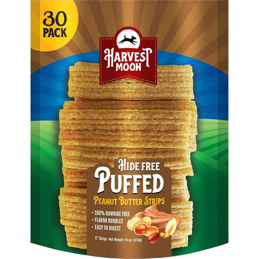 Harvest Moon Puffed Strips Dog Chews, Peanut Butter, 30 ct - Long Lasting Chews