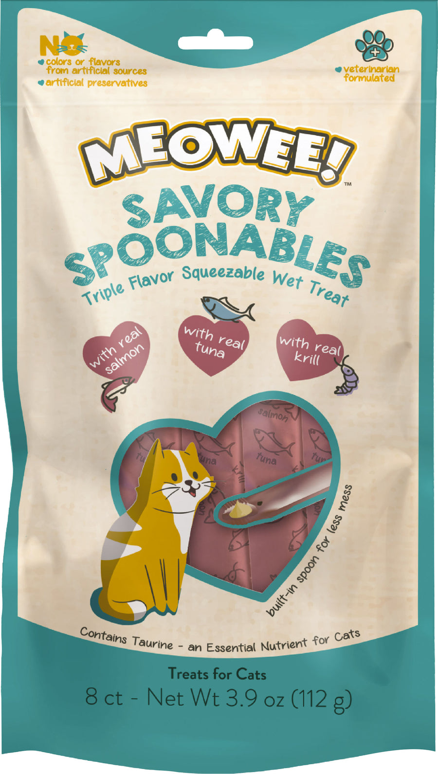 Meowee! Savory Spoonables Squeezable Wet Cat Treat, Salmon/Tuna/Krill, 8 ct - Edibles