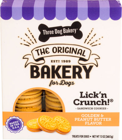 Three Dog Bakery Lick 'n Crunch Sandwich Cookies, Vanilla/Peanut Butter, 13 oz - Edible Bones & Biscuits
